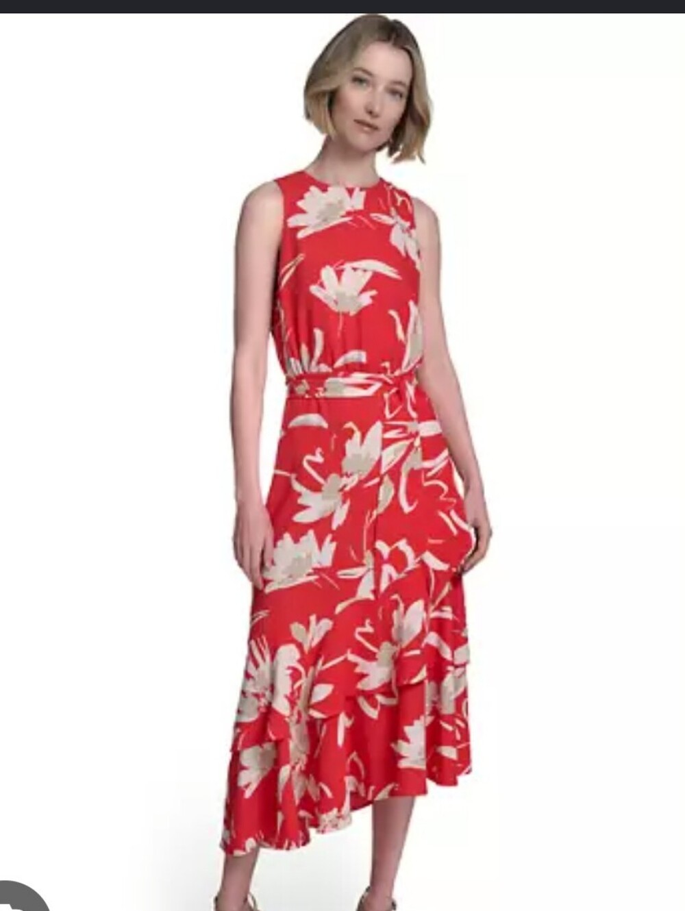 Halston NWT Size 6 Coral Floral Belted High Low Midi Dress $138 Party